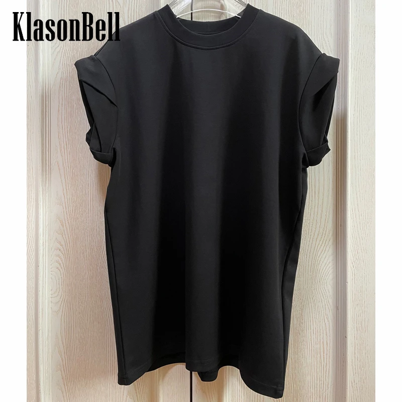 

5.24 KlasonBell Simple Fashion Design Handmade Knot Cuff Tee Cotton O-Neck Loose All-matches T-Shirt Women Clothes