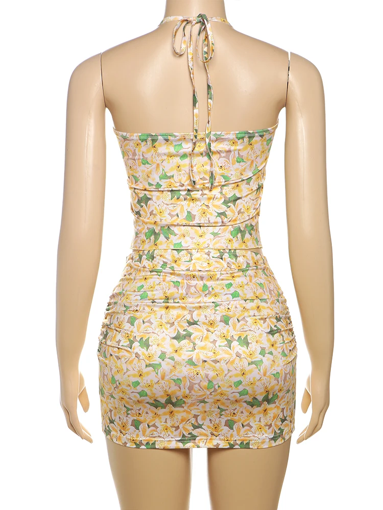 Nibber Sexy Floral Print Women 2 Piece Set Elegant Halter Shirring Tube Camisole+Peach Hip Skirts Sweet Vacation Matching Suits