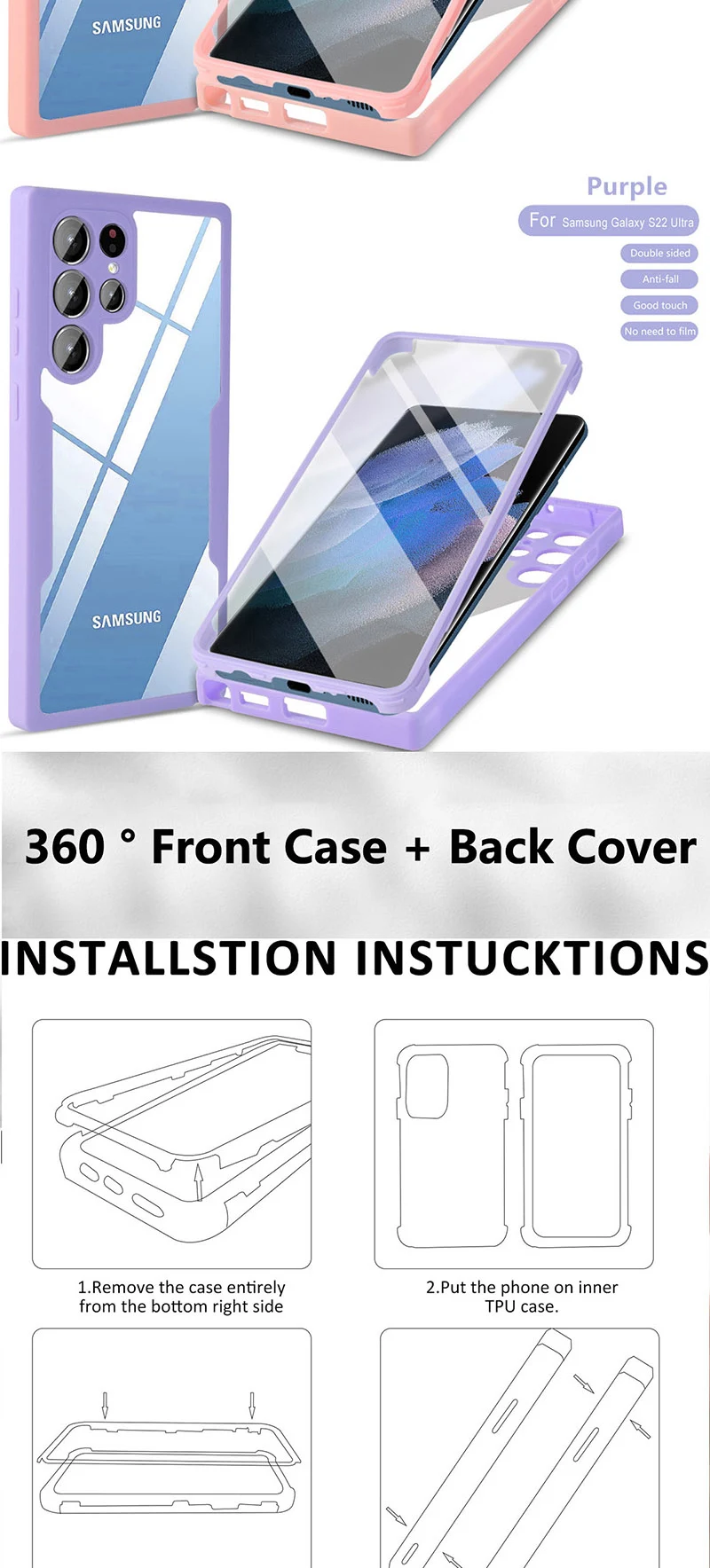 360 Full Cover For Samsung Galaxy S22 Ultra S21 FE A72 A52 A32 A22 A12 A21S A71 A51 A02S A03S Transparent Shockproof Phone Case kawaii phone case samsung