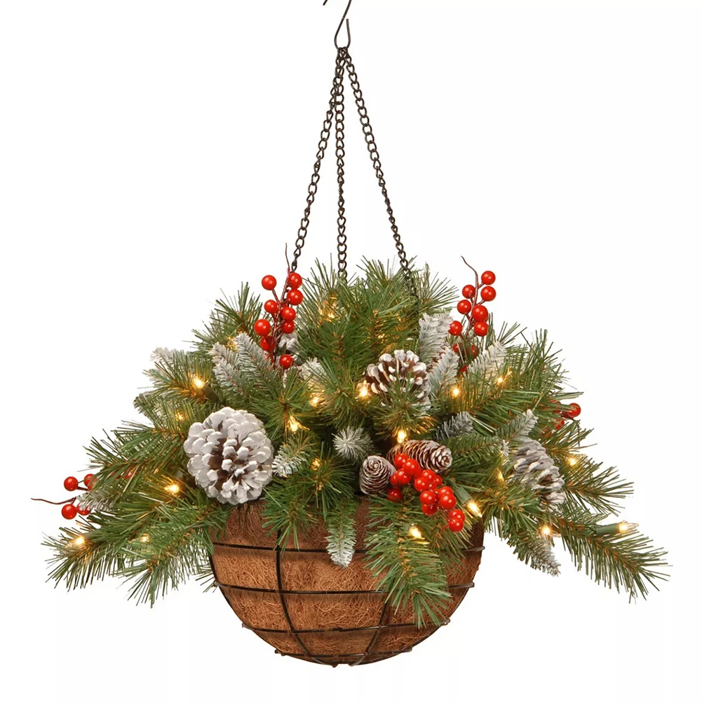 

Artificial Hanging Basket Christmas Pine Branches Berries LED Light Hanging Flower Basket Pinecone Festive Props for Door Window