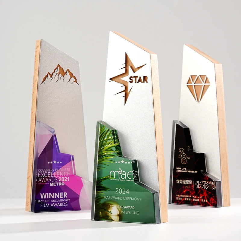 Customized Creative Metal Beech Wood Crystal Trophy, Competition Awards Souvenir, Home Decorations, Outstanding Staff Medal, 1Pc