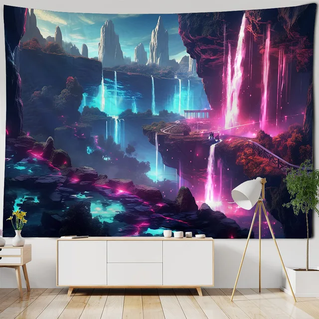 Tapisserie murale suspendue en cascade de rêve colorée, nuit de forêt, paysage de ciel étoilé, décoration de maison, dortoir, salon, chambre à coucher 4