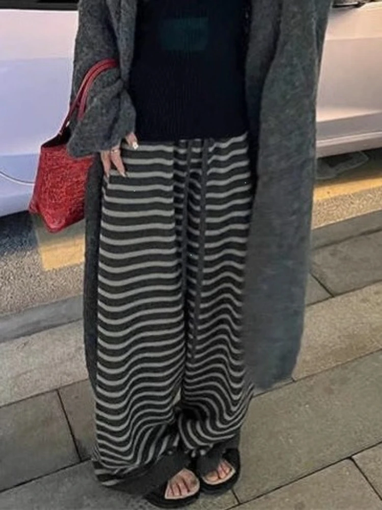 Harajuku Contrast Color Stripe Wide Leg Trousers Vintage Grunge Loose Knitted Casual Pant Y2k Aesthetic Women Straight Pants