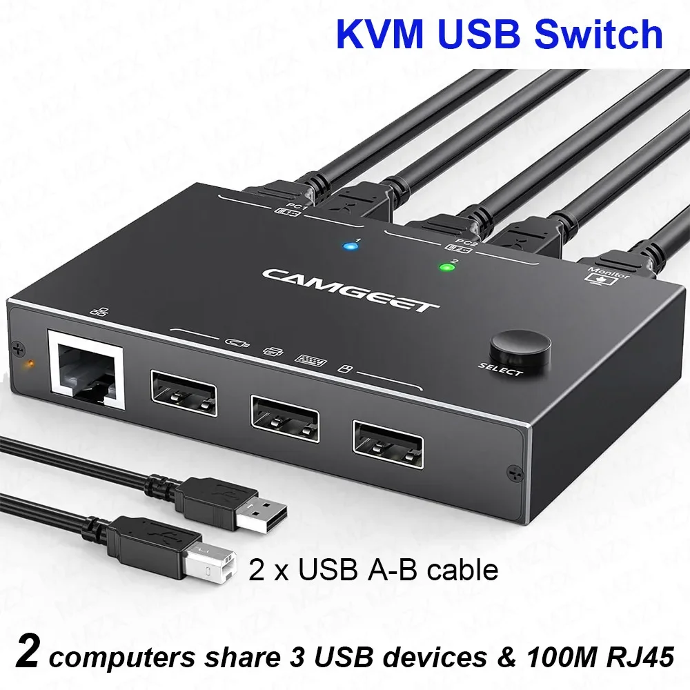Aimos Hdmi Kvm Switch 2 In 1 Out 4K/Usb Rj45 Kvm Switch Per 2 Pc Sharing Tastiera Mouse Stampante Display Video Usb Swltch Splitte