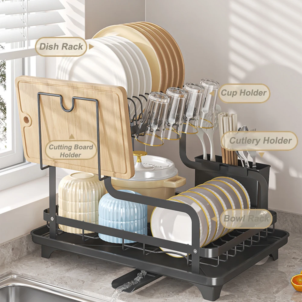 Dish Drying Rack - Over Sink Drainer with Utensil Holder, Foldable Two Tier, Auto Draining