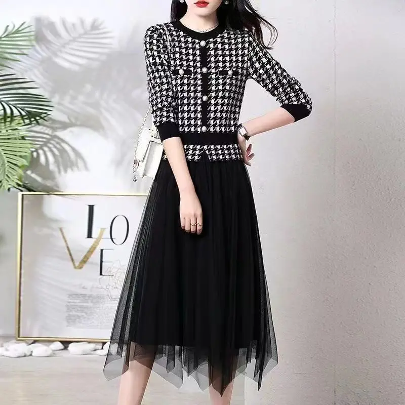 

Autumn New Fake Two Piece Net Yarn Patchwork Midi Dress Half Sleeve Slim Irregular Ladies Dresses Elegant Fashion Women Clothing