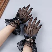 Girls Lolita Lace Hollow Out Gloves Women Ceremony Etiquette Mesh Thin Mittens Gothic Punk Sexy Glove Black White Soft Elastic - Image 3