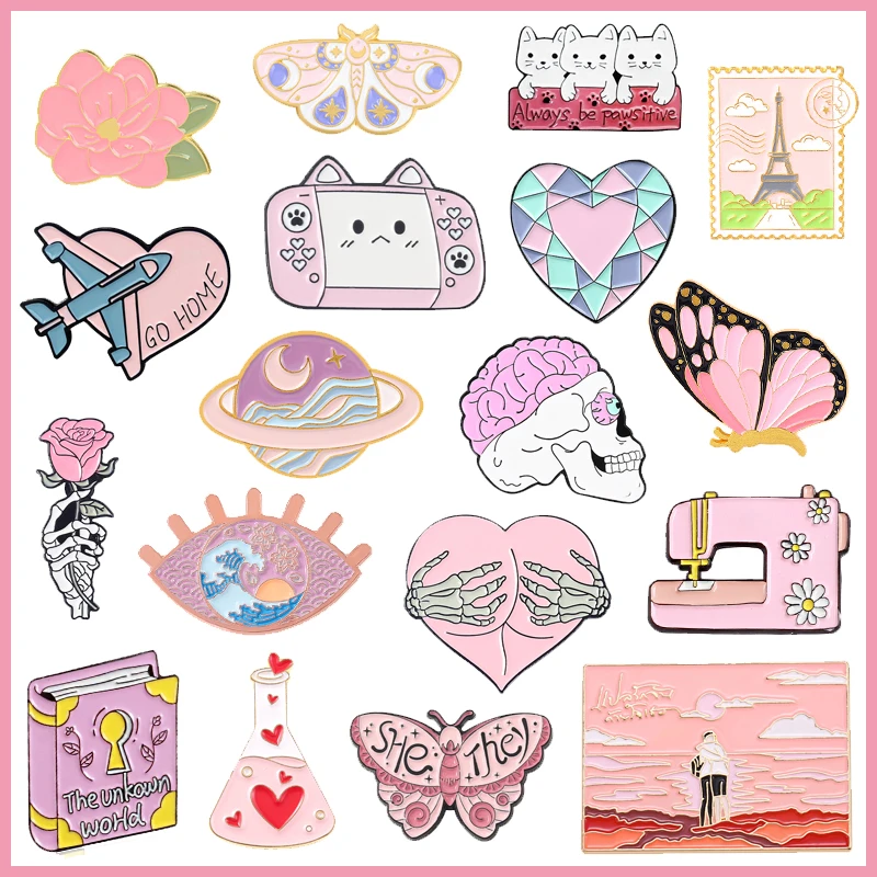 Serie Rosa creativa de alfileres esmaltados, Animal, gato, planta, rosa, flor, amor, Planeta, botella, cerebro, mariposa, broche de aleación, insignia, regalo de joyería