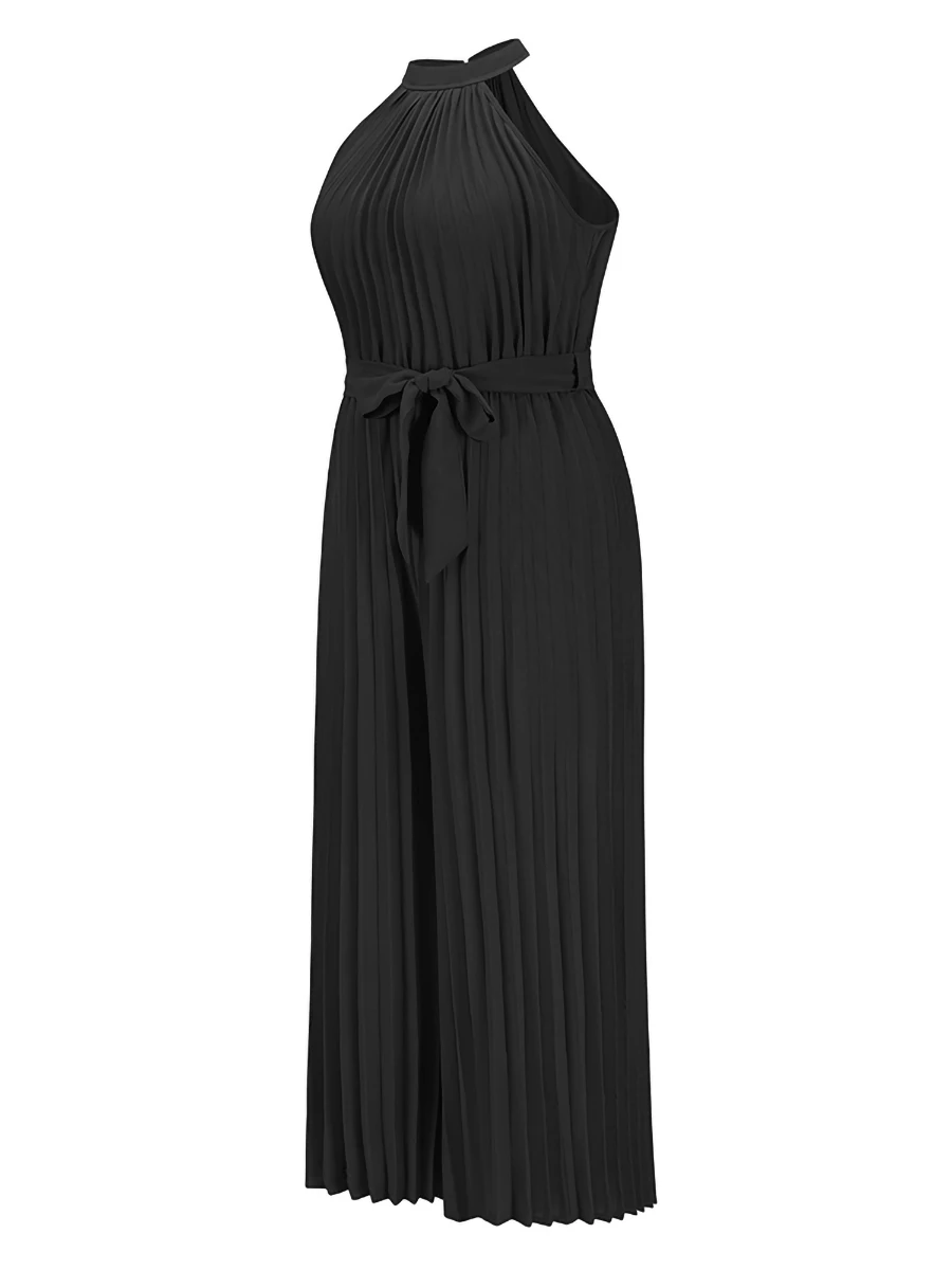 

Women acute s Suit Solid Color Sleeveless Back Keyhole Waist Bandage Pleated Wide-Leg Jumpsuit