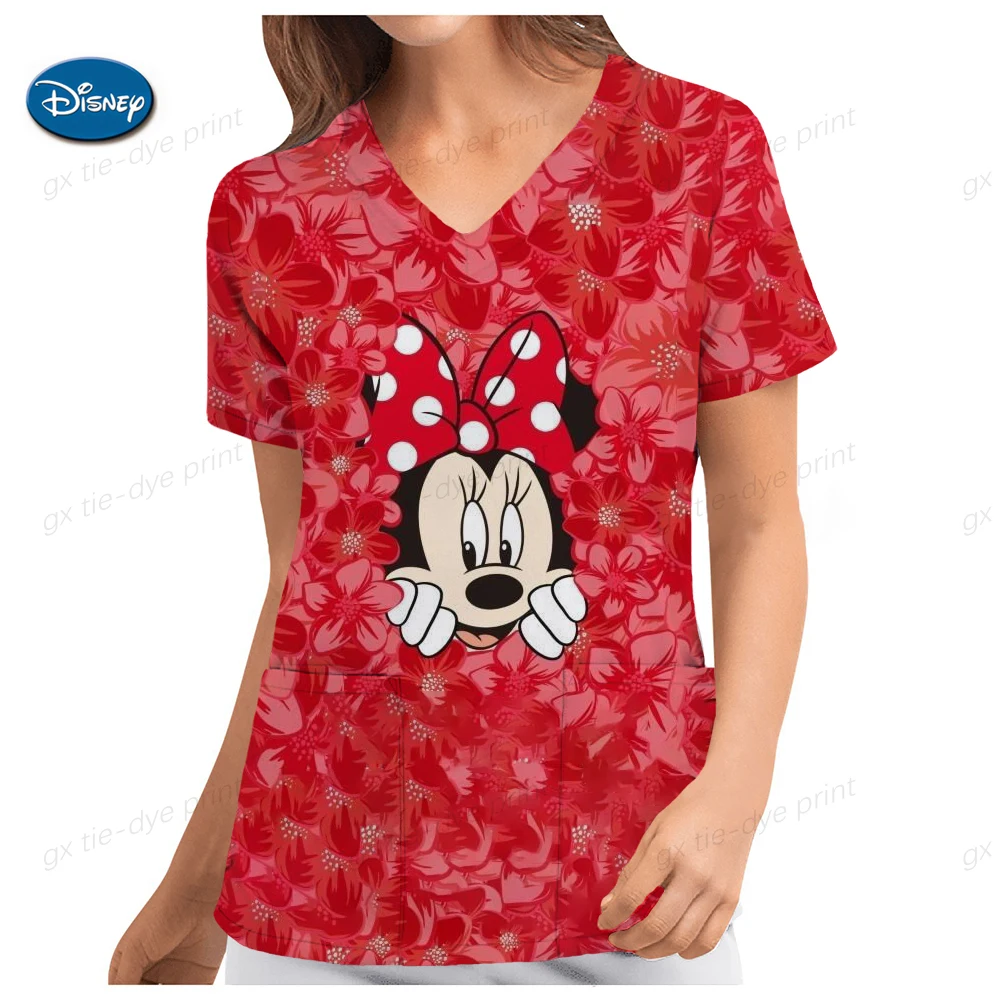 thumbnail image 1 of Blusa de trabajo de enfermera con estampado de Mickey Mouse de Disney, uniformes médicos, uniforme de enfermera de atención médica, manga corta, cuello en V para mujer, 1 of 5