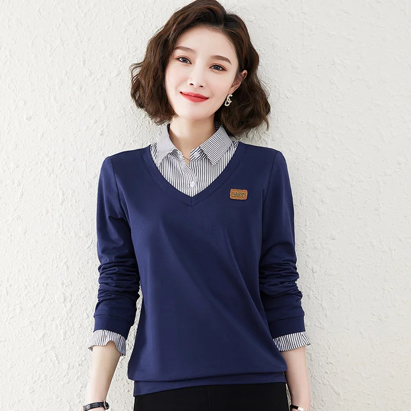 Women'S Spring And Autumn Loose Spliced Shirt Collar Fake Two Piece Hoodies Female New Fashion Slimming Casual Versatile Top