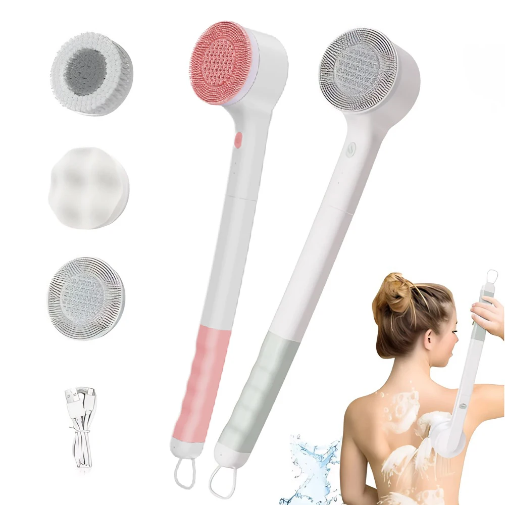 Electric Body Brush Rechargeable Silicone Scrubber Back Brush with Long Handle and 3 Spin Heads Suitable