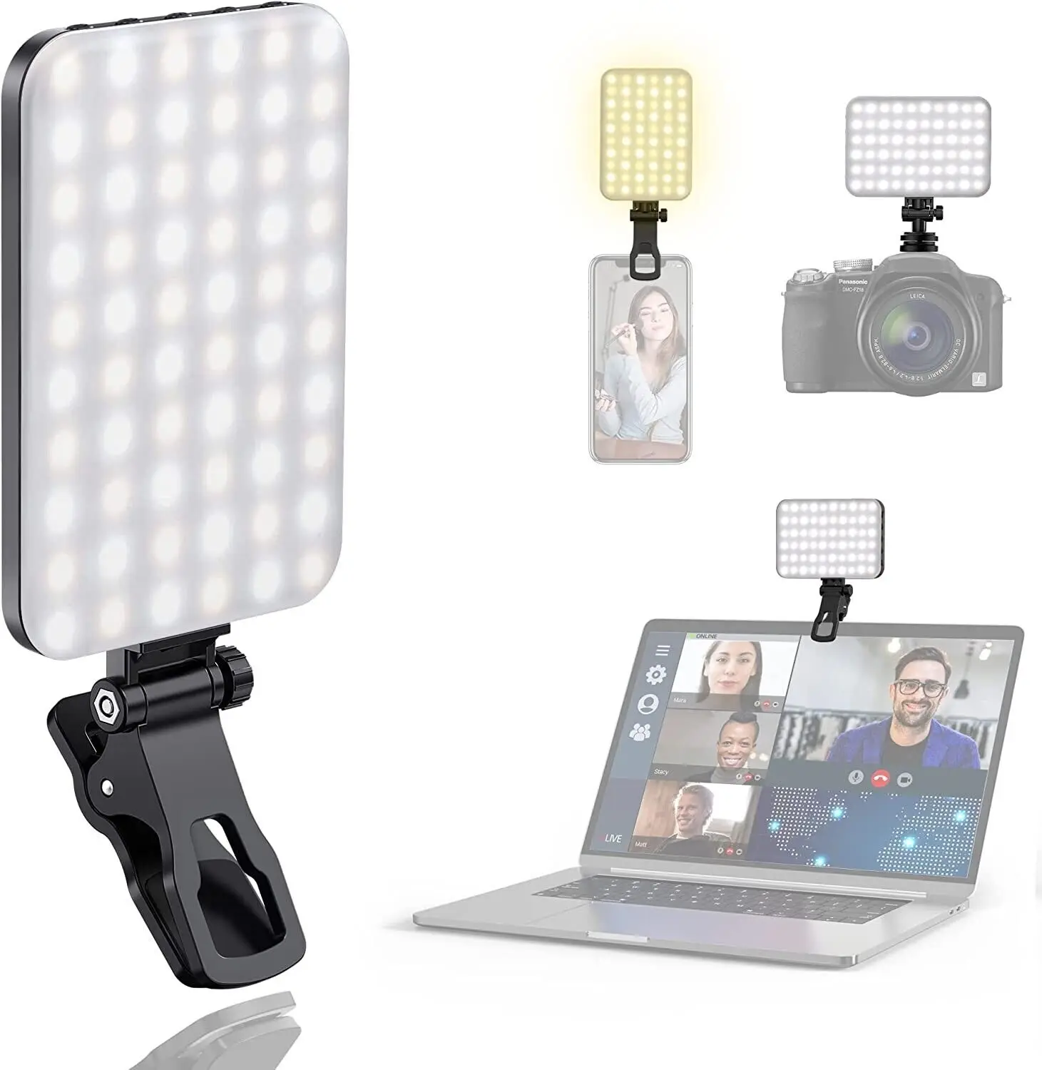 120 LED High Power Rechargeable Clip Fill Video Light with Front & Back Clip Adjusted 3 Light Modes for Phone iPad