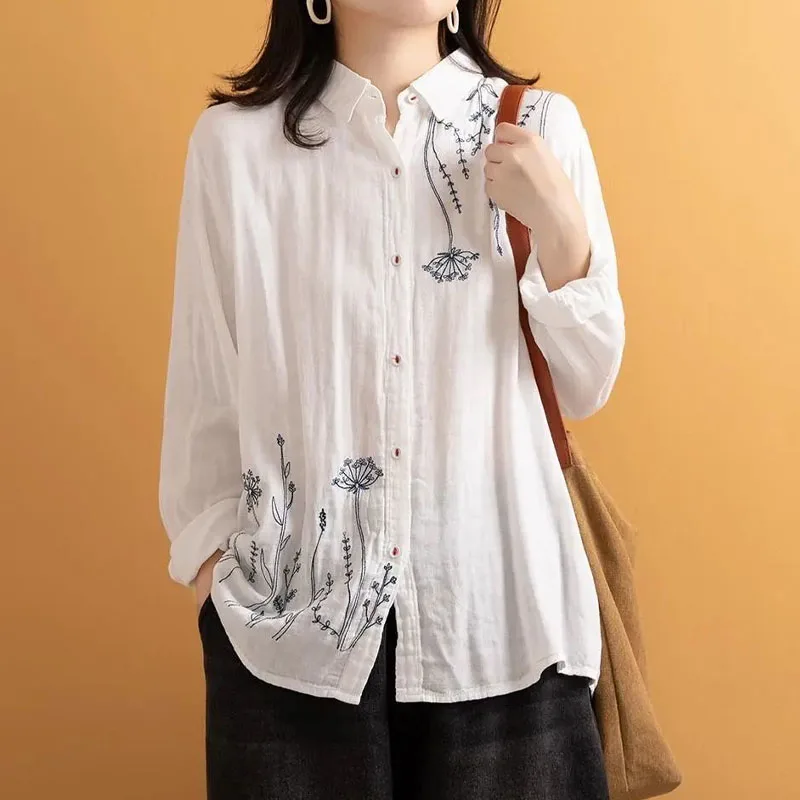Women's Simplicity Vintage Embroidery Solid Shirt Autumn Fashion All-match Long Sleeve Single-breasted Blouse Female Clothing