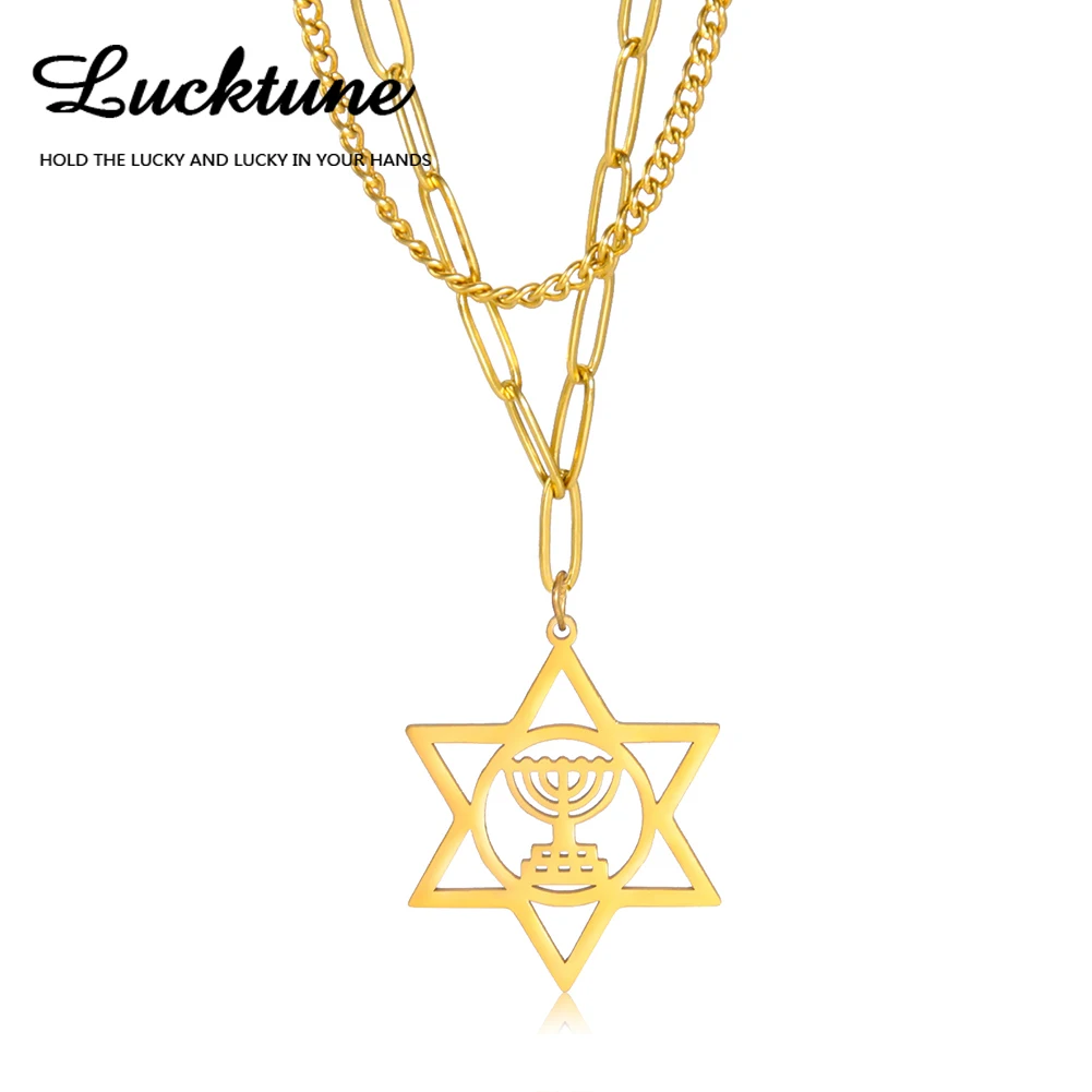 LucktuneJewishDavidStarMenorahPendantNecklaceStainlessSteel