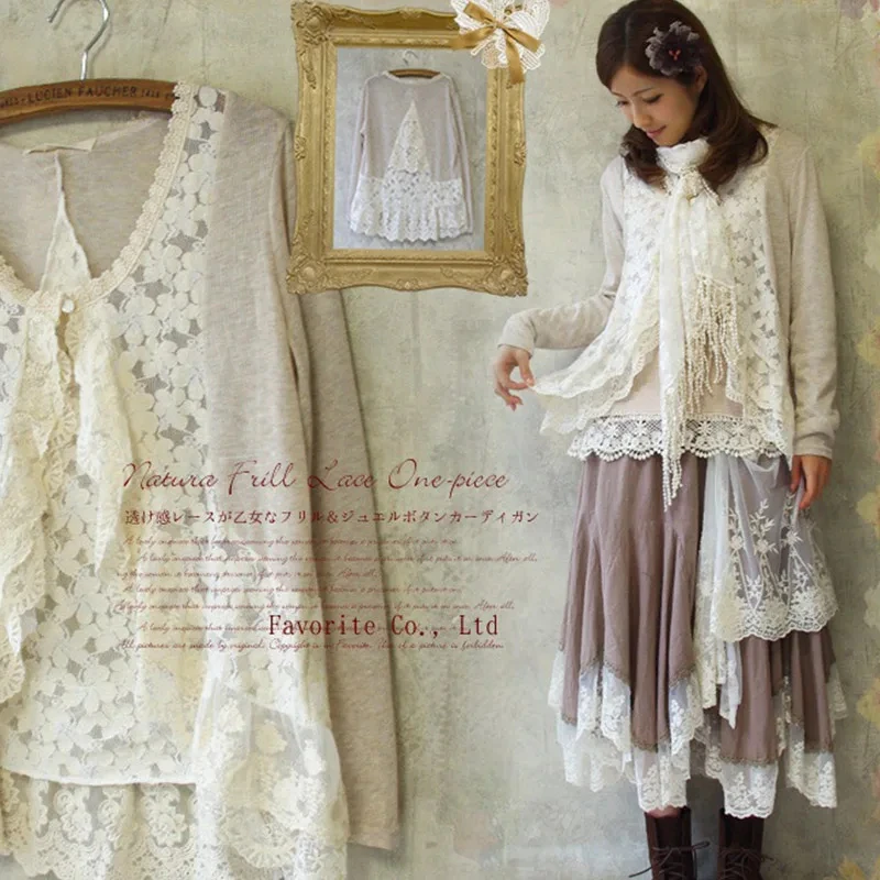 Japanese Sweet Lace Floral Embroidery Shirt for Women, Long Sleeve, Cotton Linen, Cardigan Tops, Kawaii, Cute, Female