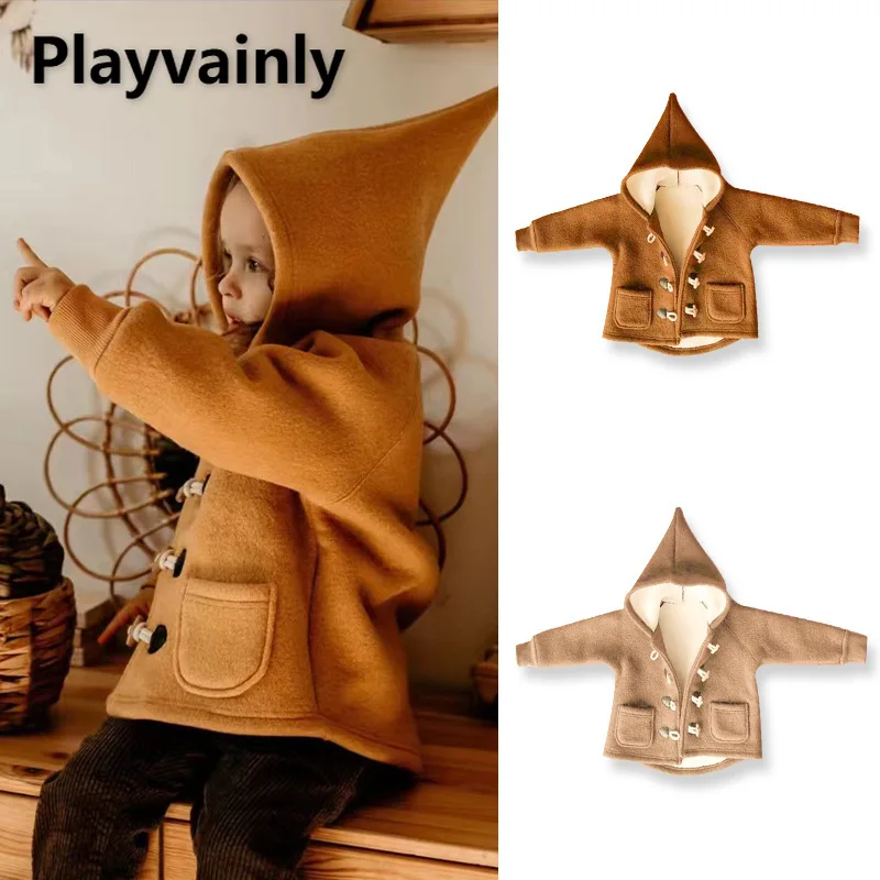 

Children's Elf Hat Coat New Autumn Winter Long Sleeve Horn Button Hooded Fleece Thickened Coat Boys Girls' Warm Clothing E23465