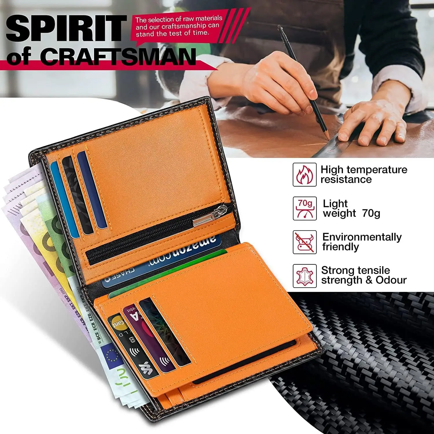 Stylish Men's Wallet RFID Blocking Wallet, Credit Card Holder, Coin Purse, Bi-fold Carbon Fiber Leather Wallet