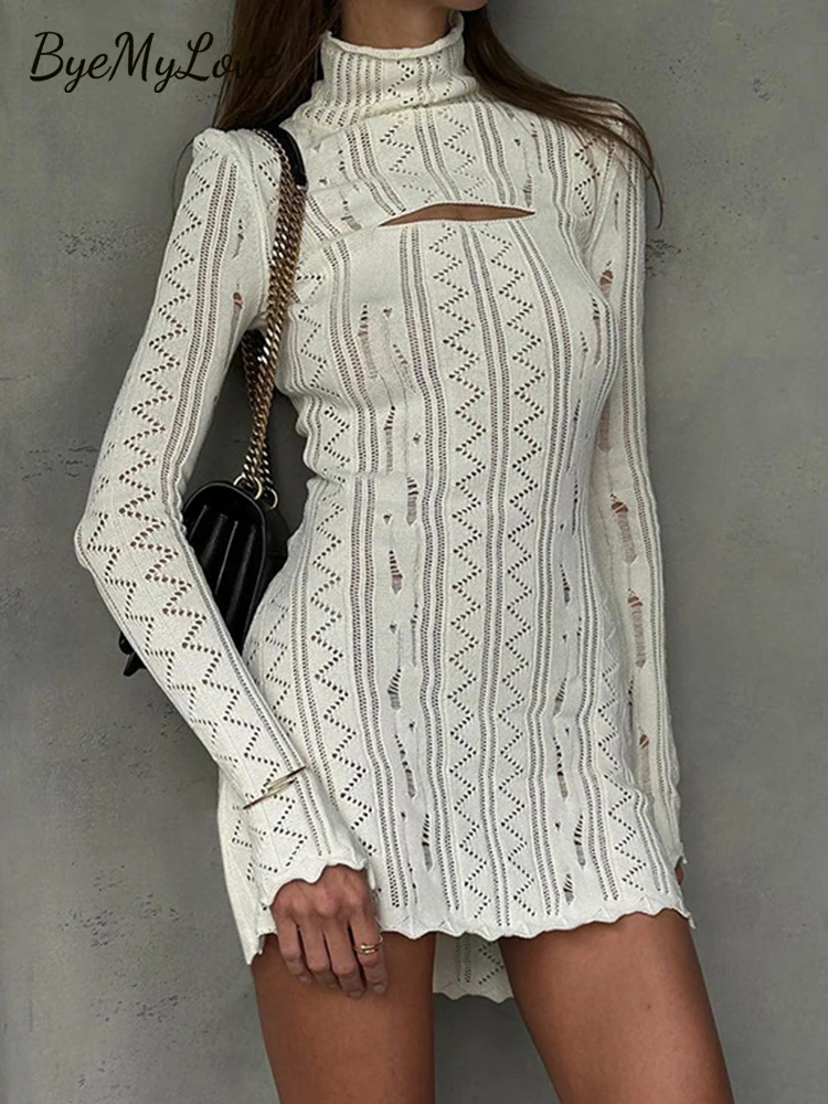 ByeMyLove Knit Dress Knit dresses for women Crochet Dress Tear Long Sleeve Hollow Out High Neck Cut out Turtleneck Knitwear Slim 2