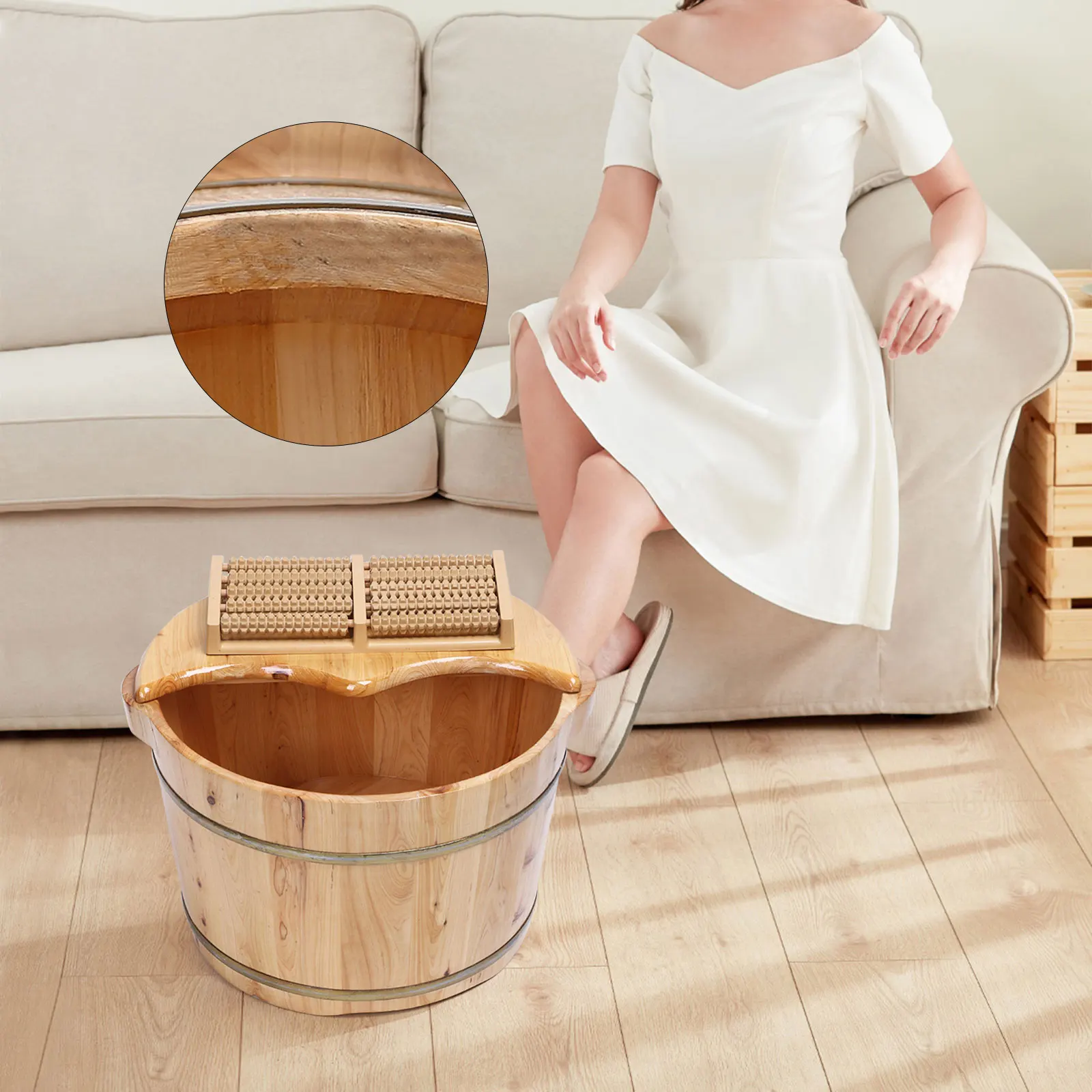 Foot Bath Bucket Foot Bath Barrel Wood Solid with Lid Massage Roller Soaking Tub Home Washing Bucket