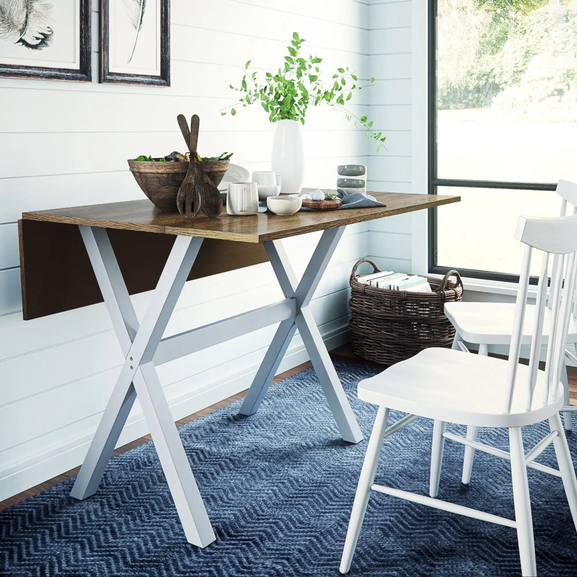 

Nathan James Kalos Solid Wood Drop Leaf Folding Kitchen Dining or Console Table Rustic Oak Top and White Legs
