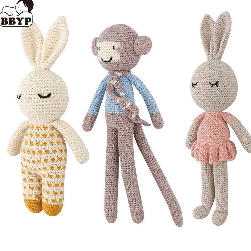 Handmade Rabbit Monkey Crochet Wool Doll Animal Stuffed Plush Toy Baby Soothing Sleeping Gifts for Kids Birthday