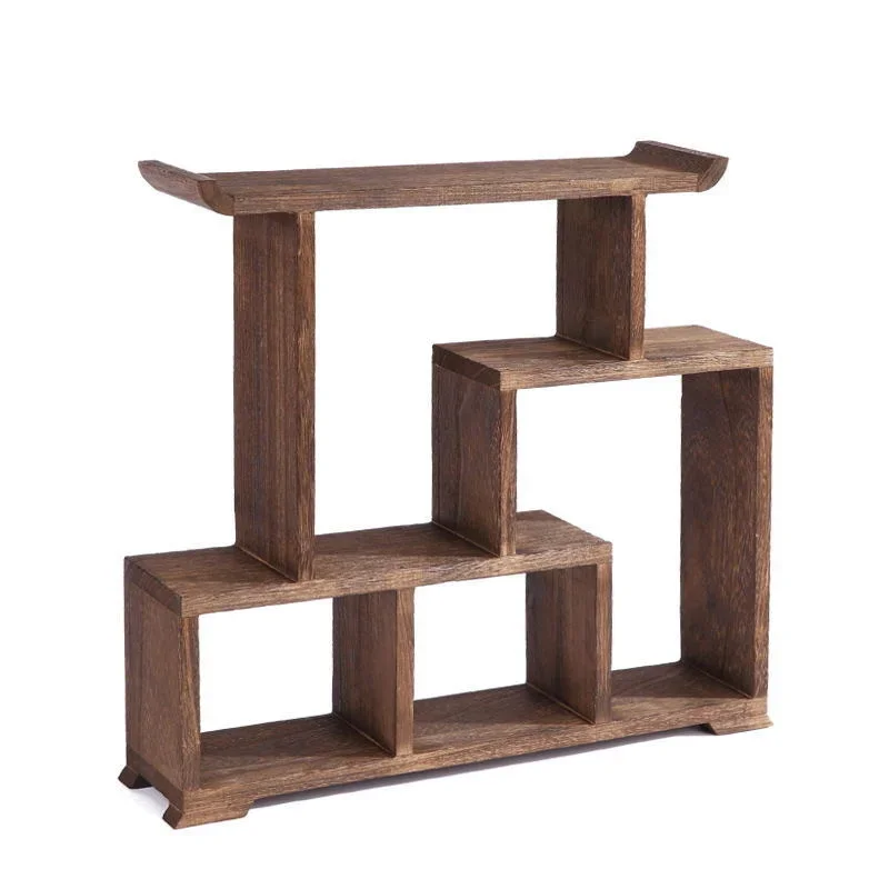 Compact Solid Wood Tea Set Organizer Mini Blog Rack Chinese Tabletop Display Spice Holder Kitchen Shelf 2