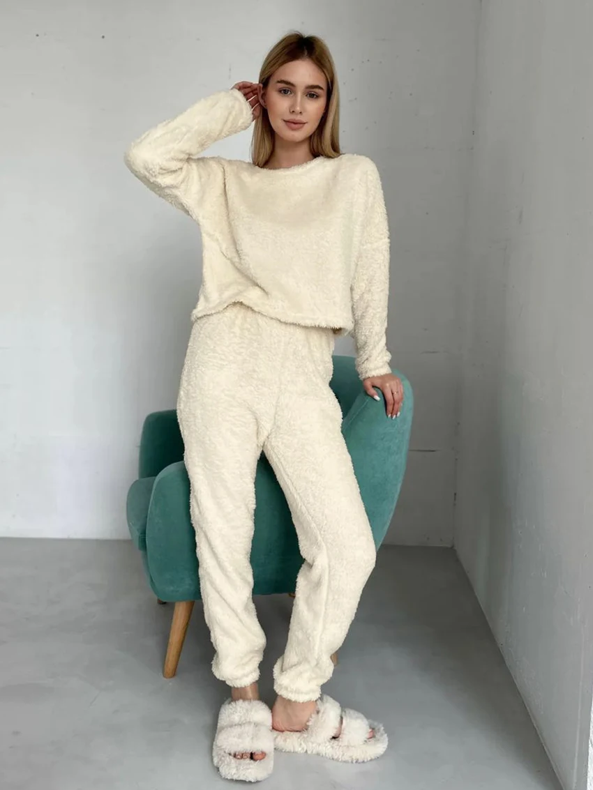 Mathaiqqi Spring Loose Ladies Pajamas 2 Piece Suit Sexy O-Neck Sleepwear Long Sleeve Nightgowns Pants Casual Home Clothes Women