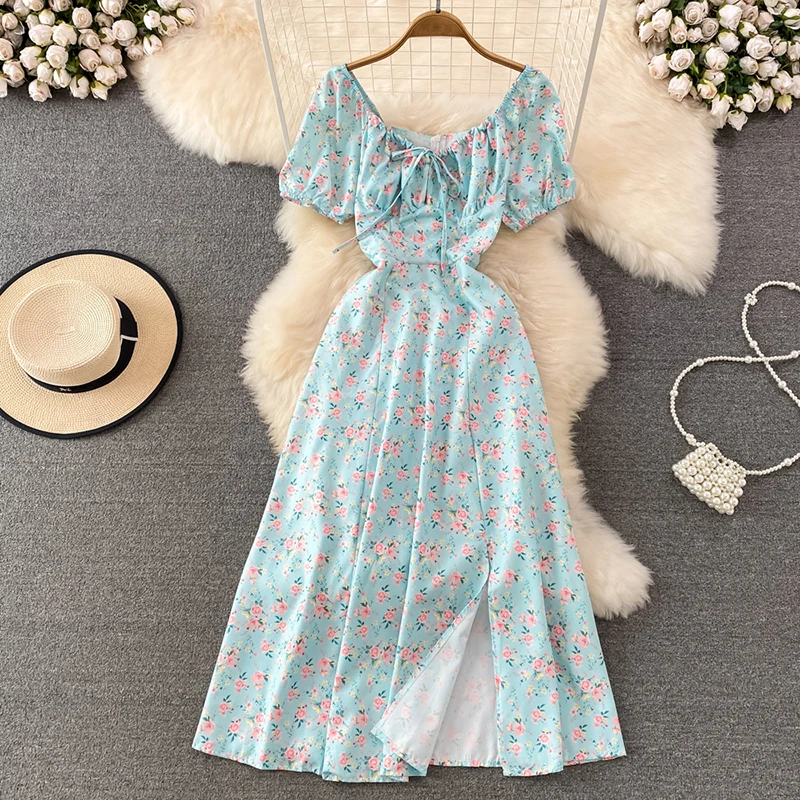 Elegant Floral Split Dress For Women Summer Square Neck Bubble Short Sleeve Lace-up Long Dresses Sexy Beach Vacation Clothing