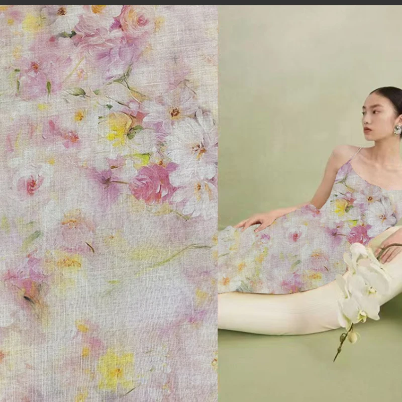 Linen Fabric Natural Ramie Printed For Dress Painting Summer DIY Handmade
