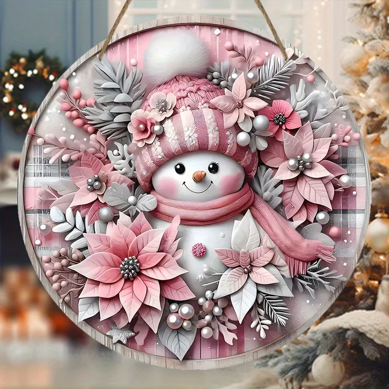 Rosa Weihnachts-Schneemann-Holzschild, 2D-Relief-Effekt aus rosa Weihnachtskranz-Schild für Haustür, Wandbehang, Dekor, ideal