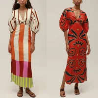 VEITCHE Summer Women Linen Material Long Dresses Fashion Chic Print Sexy V-neck Hollow Out High Waist Party Dress Lady robes