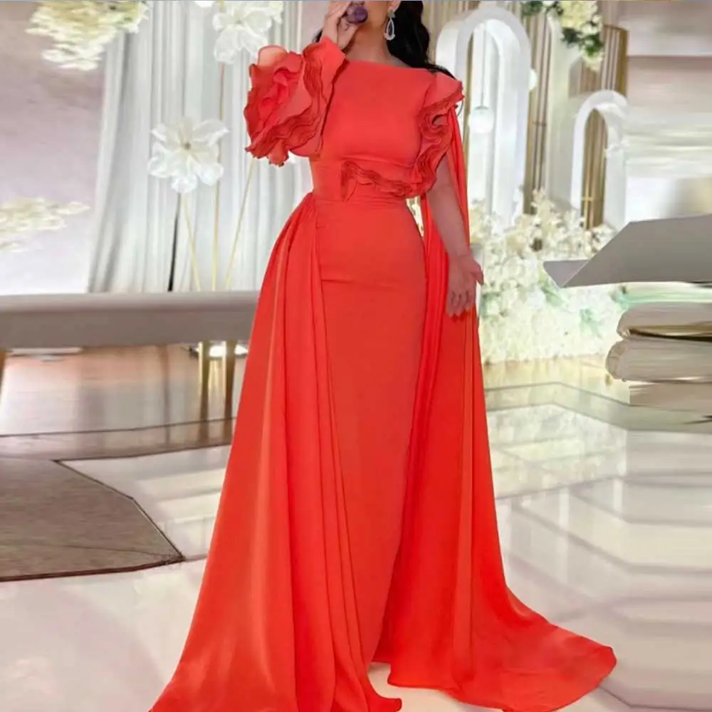 

Elegant Satin Evening Dress Scoop-Neck A-Line Ruffle Shawl Solid Party Gown Saudi Arabian Women's Beautiful Prom Dresses