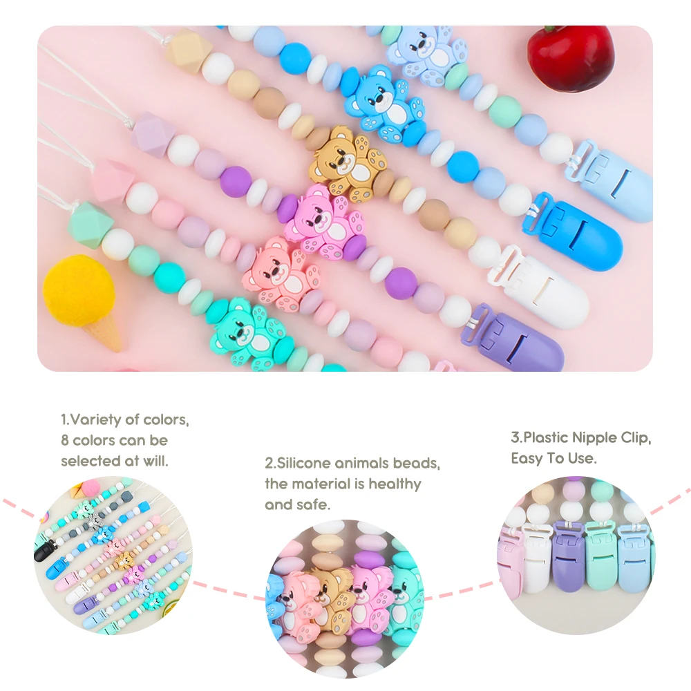 

Silicone Pacifier Chain Clips Baby Nipple Holder Cartoon Bear Silicone Beads Teething Teether BPA Free Dummy Clip Baby Molar Toy