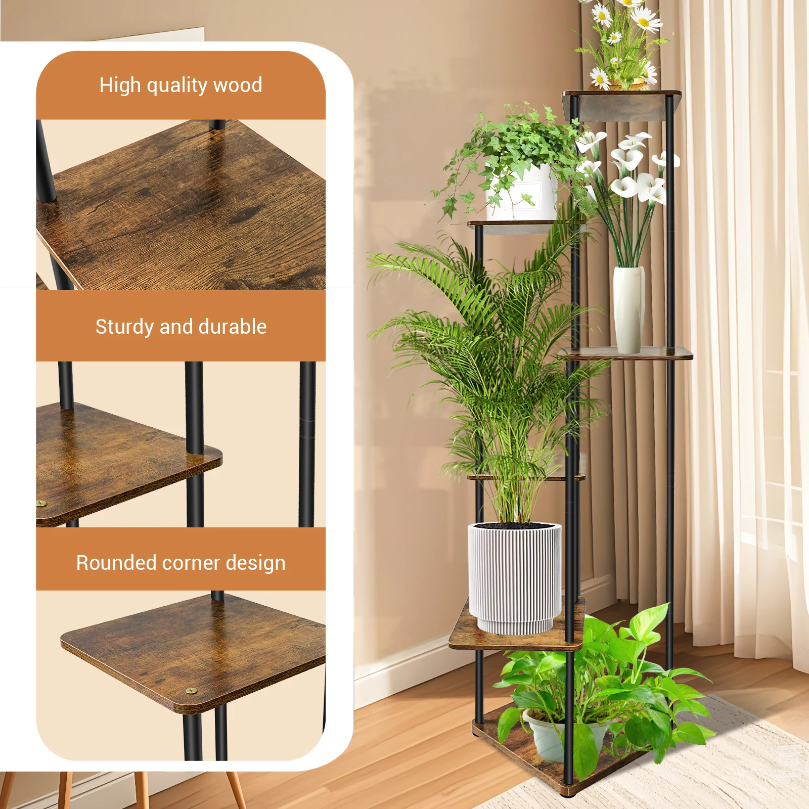 4/5/6-Tier Plant Stand Wooden Shelves, Metal Corner Flower Shelf Rack, Multi-Level Plant Pot Stand for Garden Wedding Decoration: 3 - 5 Days Free Delivery Only UK