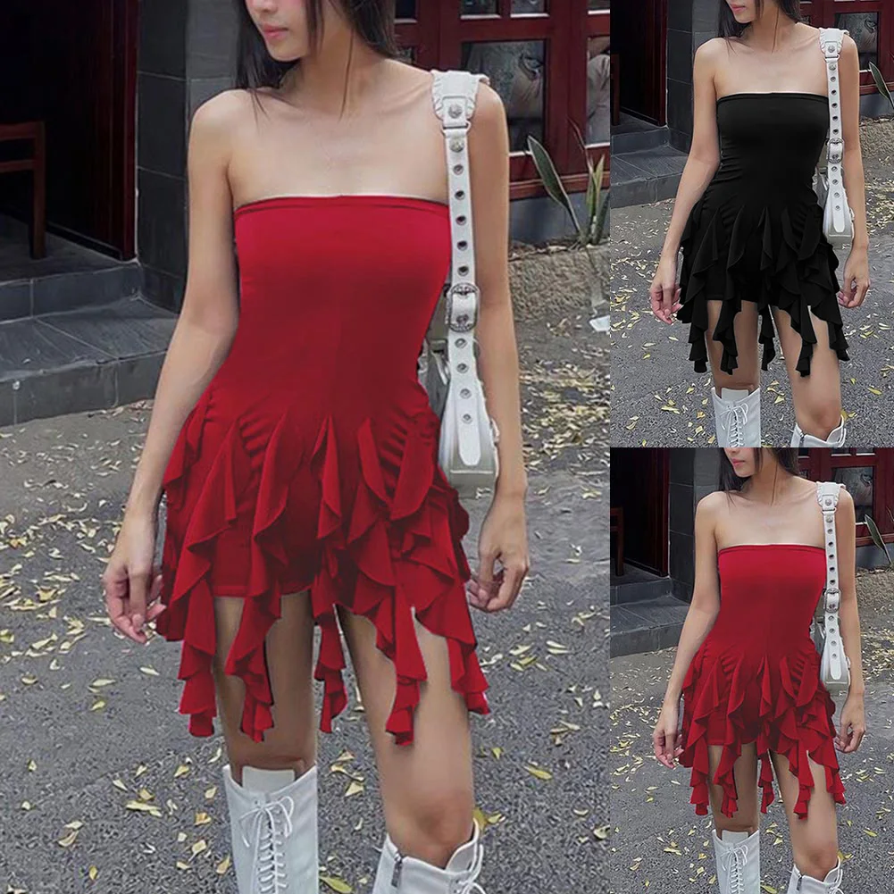

Women Dress Strapless Ruffles Tassel Elegant Temperament Female Sleeveless Sexy Slim Summer Y2K Outfit Evening Party Vestidos