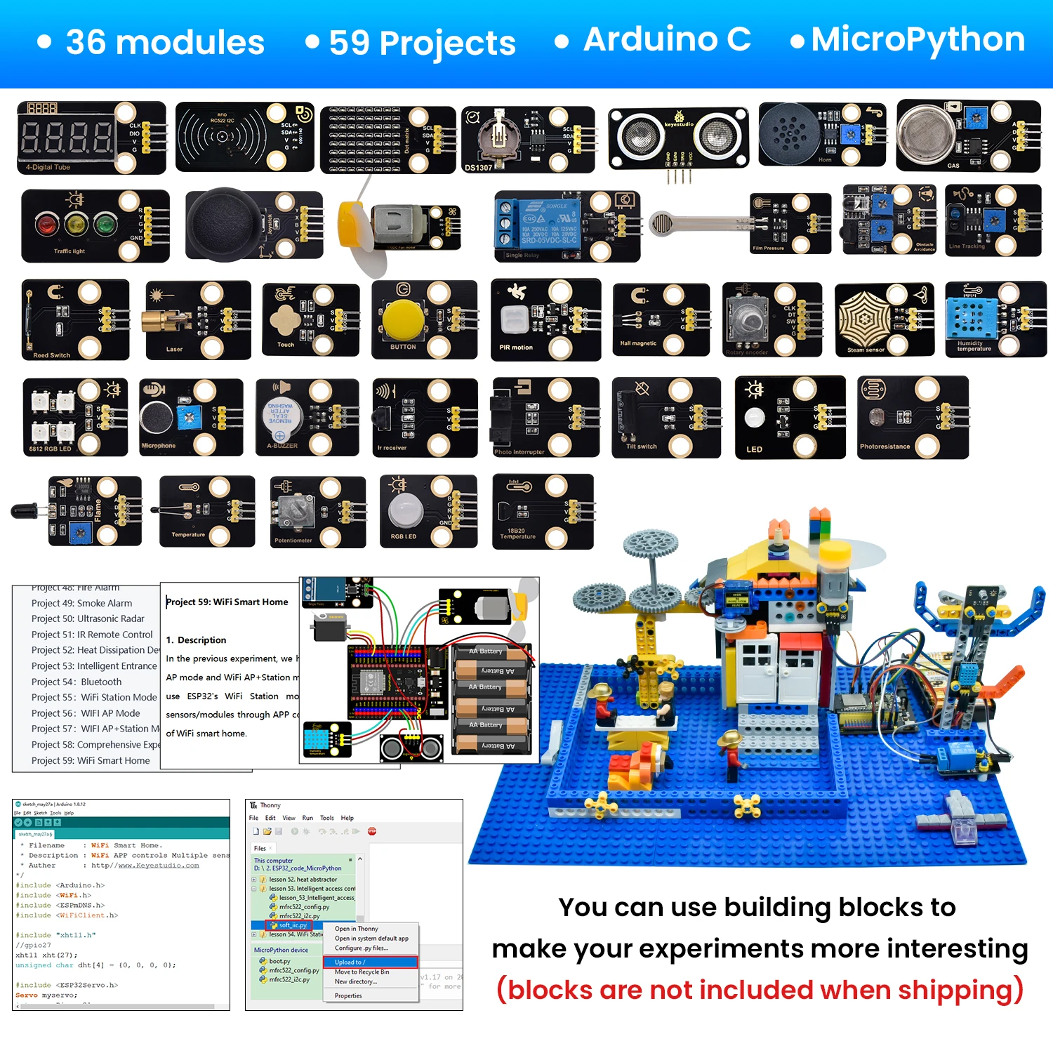 Keyestudio ESP32 RFID  ŰƮ, 37 in 1, Ƶ̳ STEM  DIY ŰƮ,  α׷ֿ, 59  Ʈ