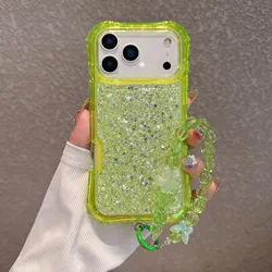 Luxury Bling Glitter Resin Chain Clear Phone Case with 3 - Layer Protection and Lanyard - iPhone Air (Fluorescent Green)