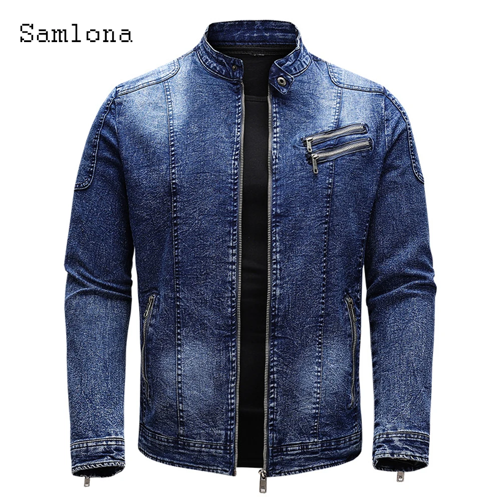 Fashion 2022 Trend Demin Jacket Slim Fits Men Clothing Zipper up Open Stitch Turn-down Collar Outerwear Male Skinny Denim Jacket