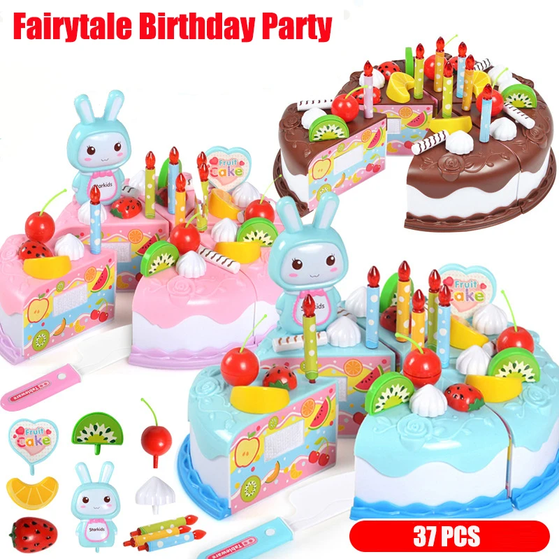 Kids Toy Simulation DIY Birthday Cake Model Kitchen Pretend Play Cutting Fruit Food Toy for Toddler Children Gift