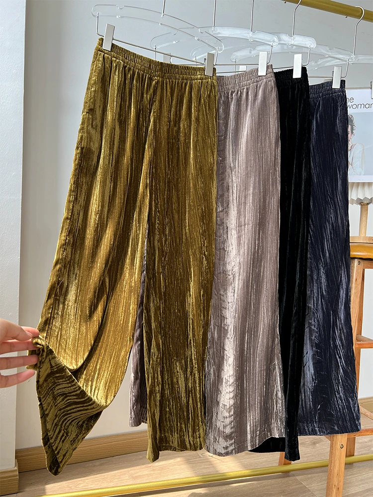 High-end Gold Velvet Pleated Wide-leg Pants Women's 2023
