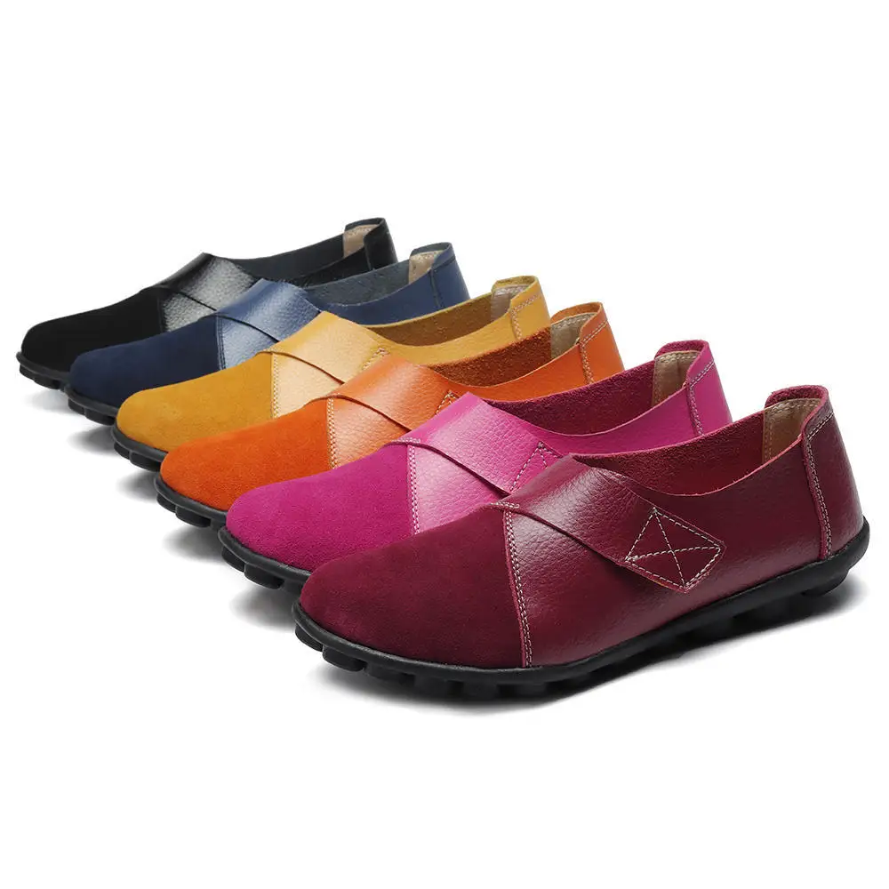 WOIZGIC Women's Female Mother Woman Genuine Leather Soft Shoes Flats Loafers Mocassin Boat Hook Loop De Mujer Big Size 42 43 44 5