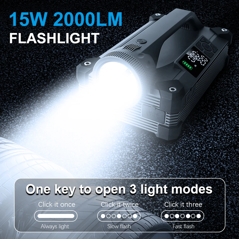 Car Jump Starter 6000A/12V with Air Compressor Tire Inflator 15W Flashlight 65W Power Bank For Car Camping