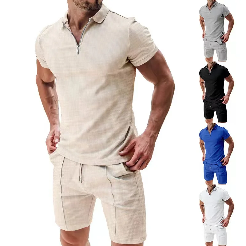 Cross border summer men's polo shirt set solid color waffle short sleeve slim lapel t-shirt casual men's set