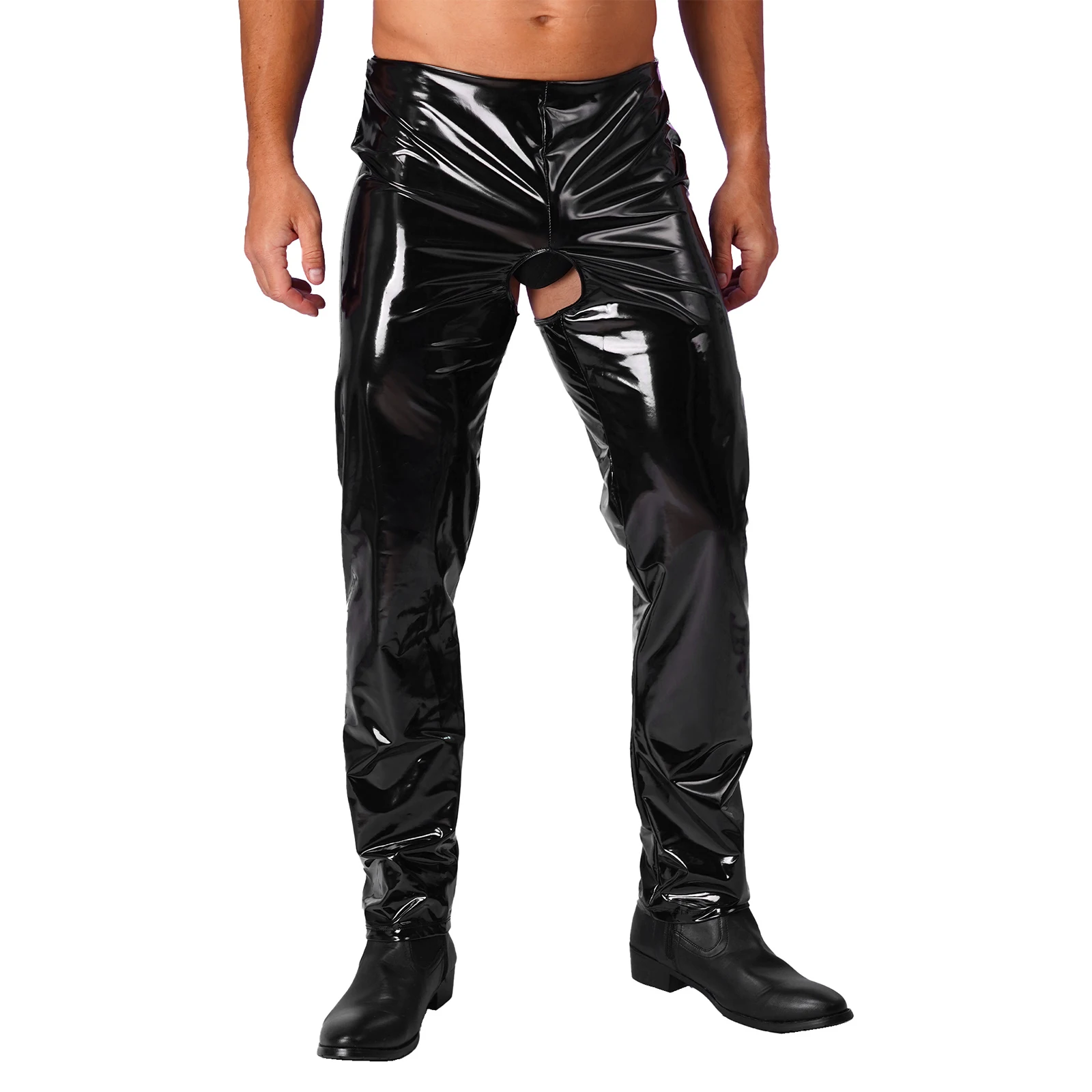 thumbnail image 1 of Pantalones de látex para hombre, lencería de aspecto mojado, de charol, con entrepierna abierta y trasero descubierto, pantalones ajustados y elásticos, 1 of 5