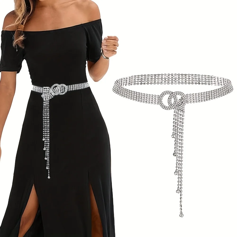 Elegant waist chain for women made of rhinestones, double shiny Y2K dress with a circular ring, belt strap, stylish 2O