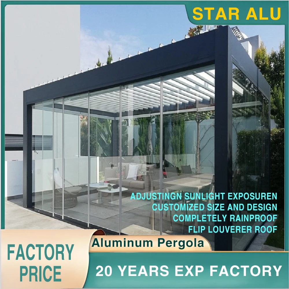 เพอร์โกลาอลูมิเนียมปรับอากาศพร้อมบานเกล็ดปรับได้และประตูบานเลื่อนกระจก – เหมาะสำหรับระเบียงบนหลังคาหรือระเบียงที่ทันสมัย 1