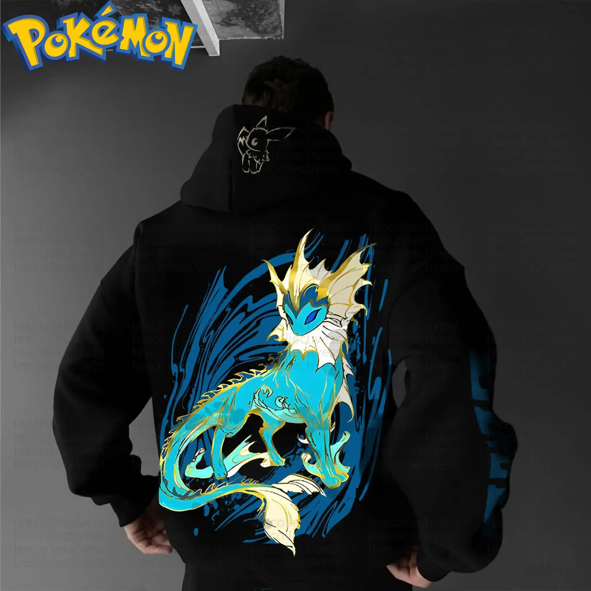 Pokemon Anime Vaporeon Cotton Hoodie Harajuku Pants Set Black Character Print with Blue Yellow Water Splash Effect Pattern