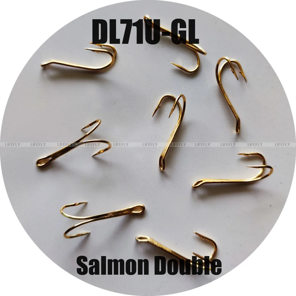 DL71UGL, Gold Color, Salmon Double Hooks, 50pcs Fishing Hooks