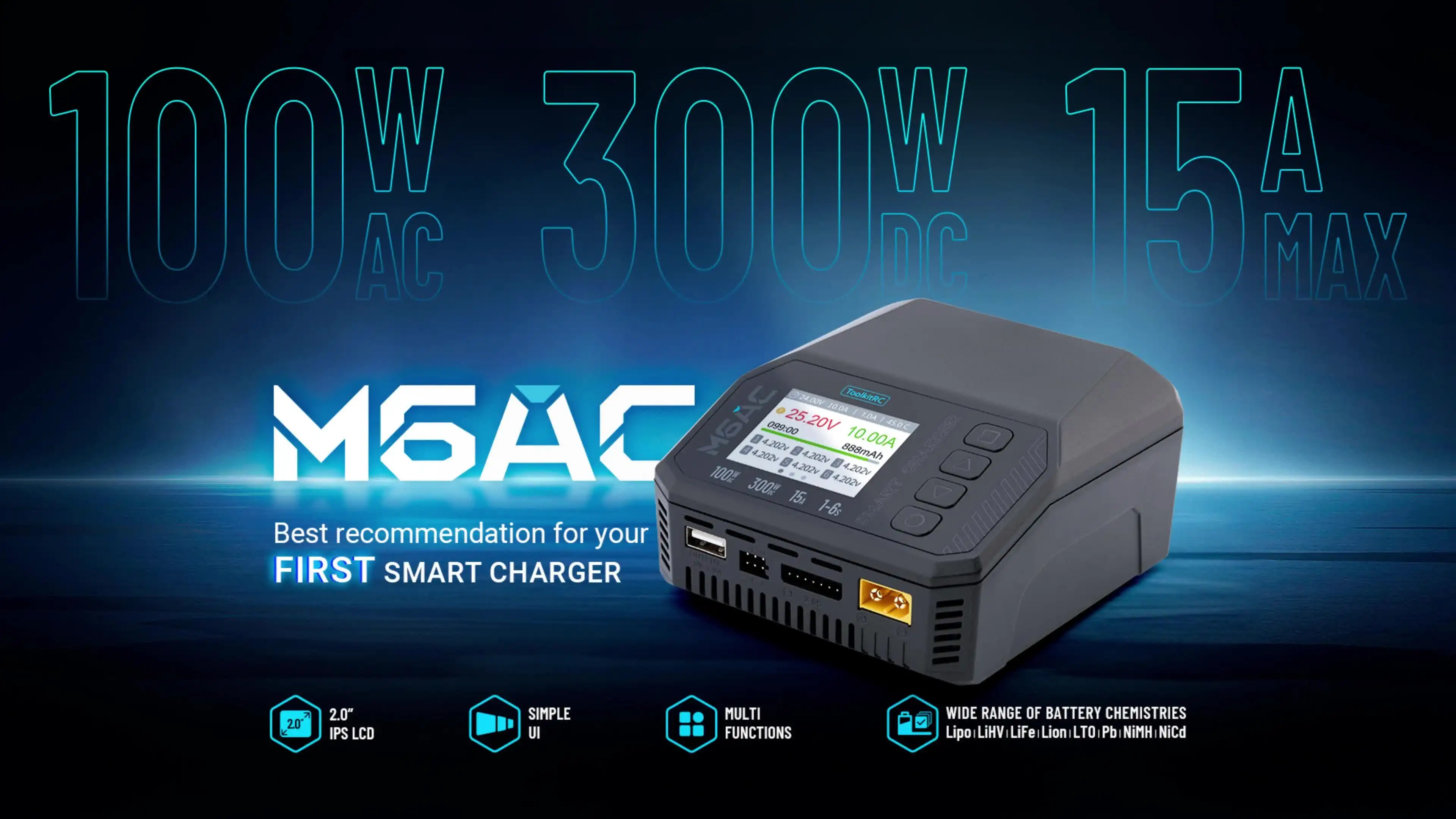ToolkitRC M6AC AC 100W DC 300W MAX Умное зарядное устройство с двойным входом 2 0-дюймовый